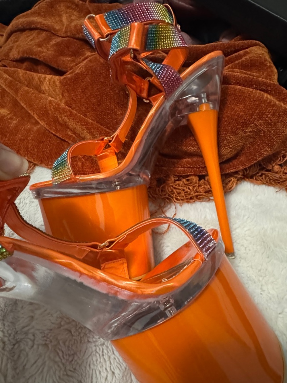 Golden Bulls | Sexy Rhinestone Orange & Rainbow Platform Stiletto Heels | 8 NIB - Picture 8 of 12